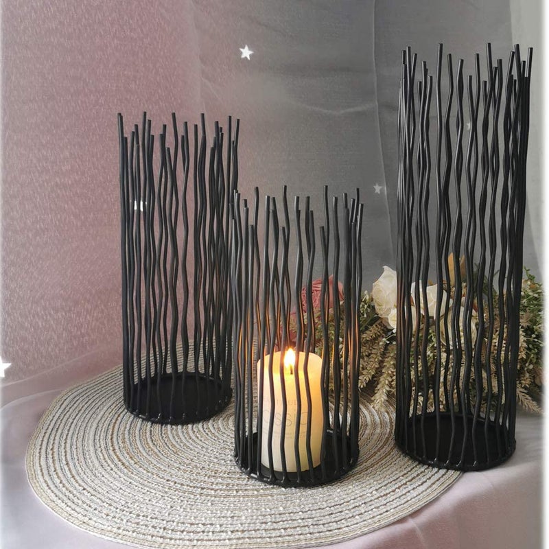Lovecat Metal Wire Willow Pillar Candle Holder Set of 3, Creative Wire Cage Candleholder Set for Fireplace Mantel Decoration, 8/10/12 inch Black Tealight Lanterns for Table Centerpiece - Image 5